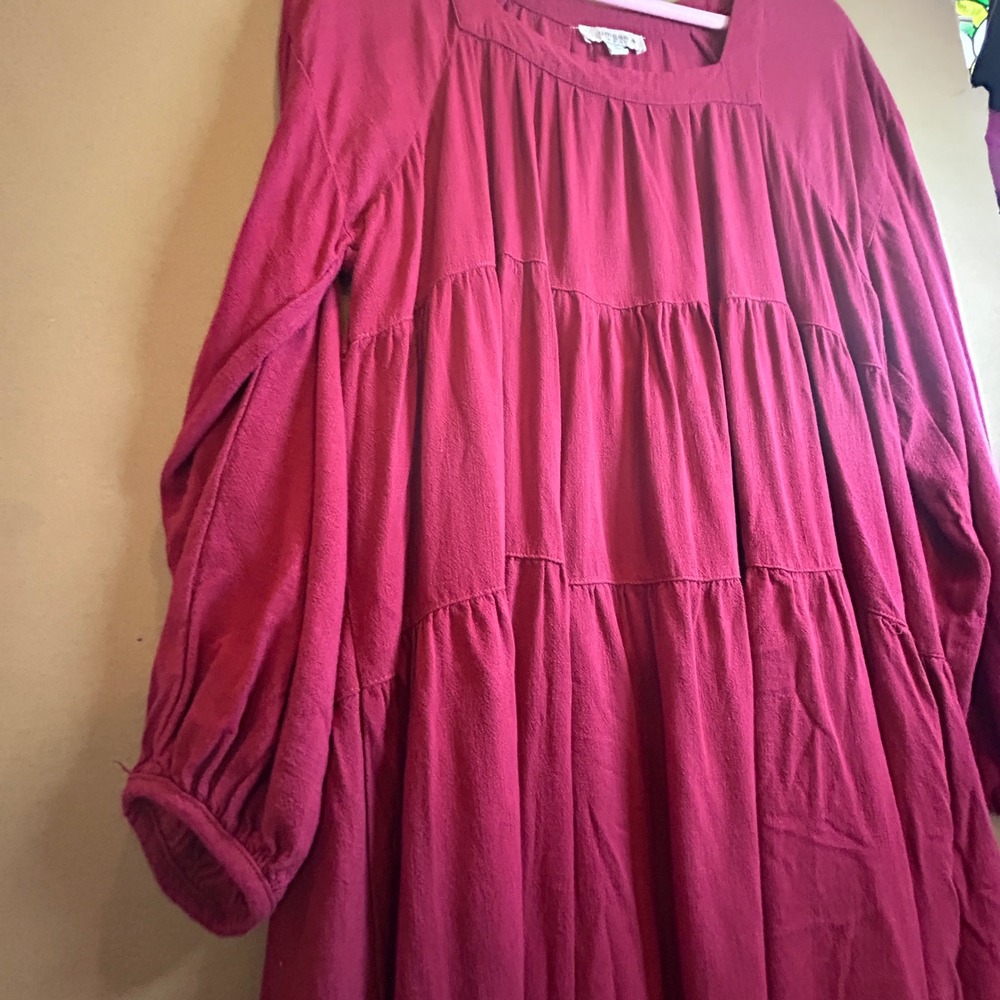 Umgee Plus Tiered Square Neck Long Sleeve Dress Berry Burgundy Plus Size 1XL